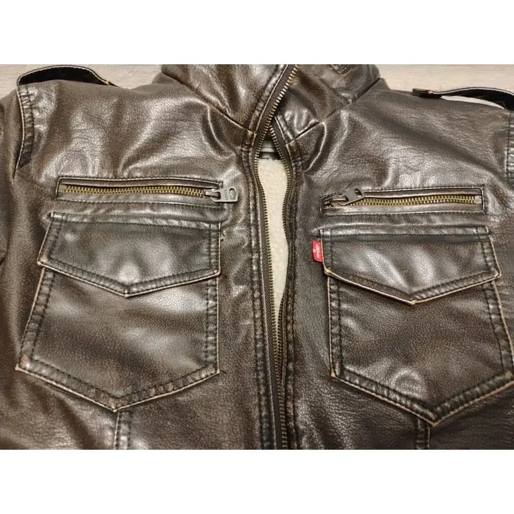 Levi Men's Faux Leather Sherpa Bomber Jacket Brown small New With Tag - Picture 8 of 13